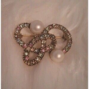 Vintage Multicolor Rhinestone & Faux Pearl Brooch Pin